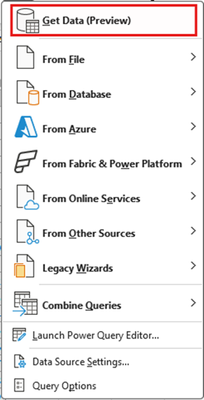 The Get Data (Preview) option in the Get Data dropdown menu highlighted in Microsoft Excel for Windows.