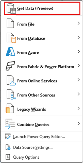 The Get Data (Preview) option in the Get Data dropdown menu highlighted in Microsoft Excel for Windows.