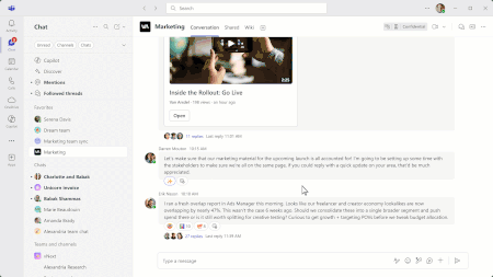 Click on ‘replies’ in a channel with threads. The selected thread will open on the far-right of the screen. The user types and send a reply.