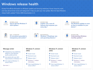 The Windows release health home page shows recent announcements in the Windows message center. It features tiles with quick links for supported versions of Windows 11, Windows 10, and Windows Server.