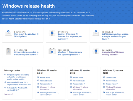The Windows release health home page shows recent announcements in the Windows message center. It features tiles with quick links for supported versions of Windows 11, Windows 10, and Windows Server.