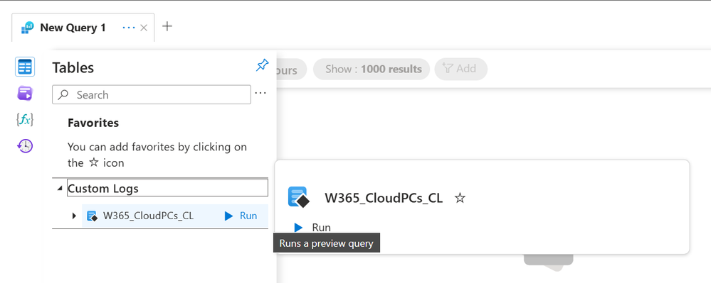 Screenshot displaying custom table appearing in query options for logs in Log Analytics