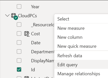 Right click on Cloud PCs in Power Bi and select Edit query