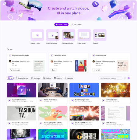 Future Clipchamp video hub experience, showcasing an organized, centralized space for creating, managing, and accessing video projects