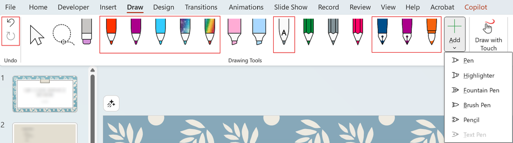 A screenshot of the Draw tab in Microsoft PowerPoint showing ways to add pens, pencil, or highlighter.