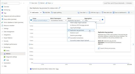 Image of the Azure portal metrics blade with the Replication lag metric selected and a graph of the recent data