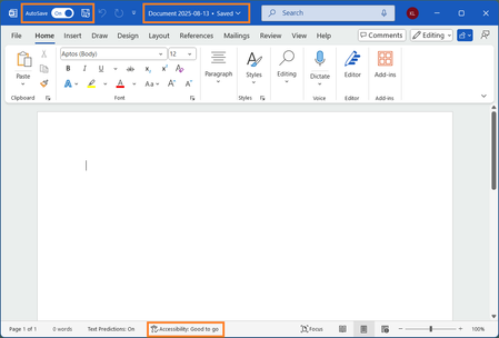 A screenshot of a new document in Microsoft Word for Windows with the AutoSave feature toggled on and highlighted, and the document name highlighted and reading 