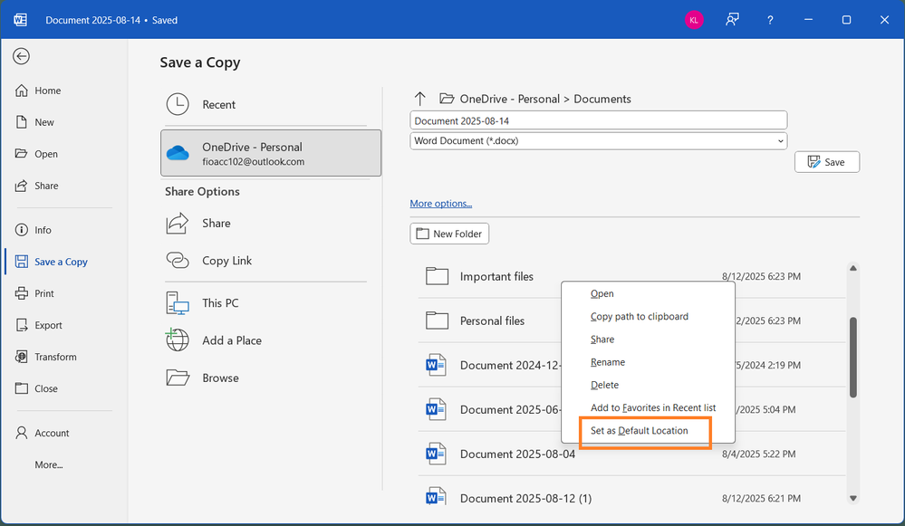 The Save a Copy menu in Microsoft Word with a folder menu pulled up and the Set as Default Location button highlighted.