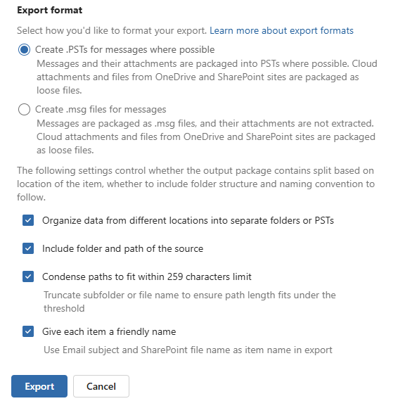 Screenshot of the export format options from the direct export from search wizard. It shows 