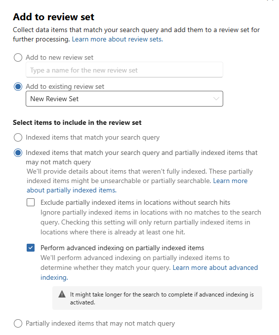 Screenshot of the add to review set wizard. It shows the 
