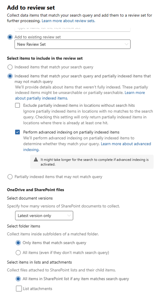 Screenshot of the add to review set wizard. It shows the 