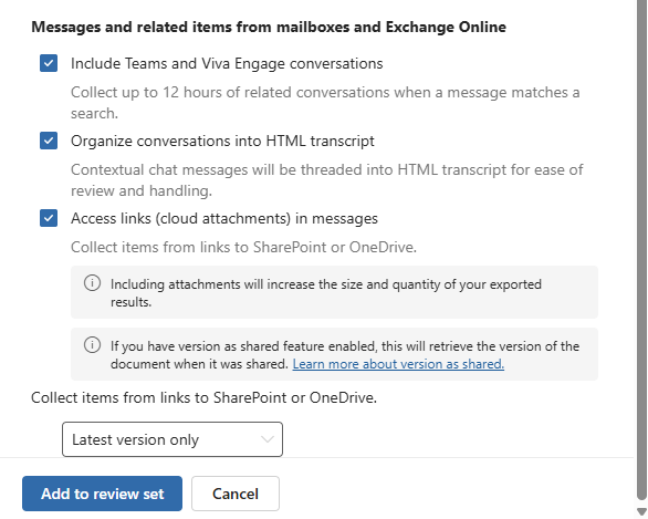 Continuation of the add to review set wizard showing the 
