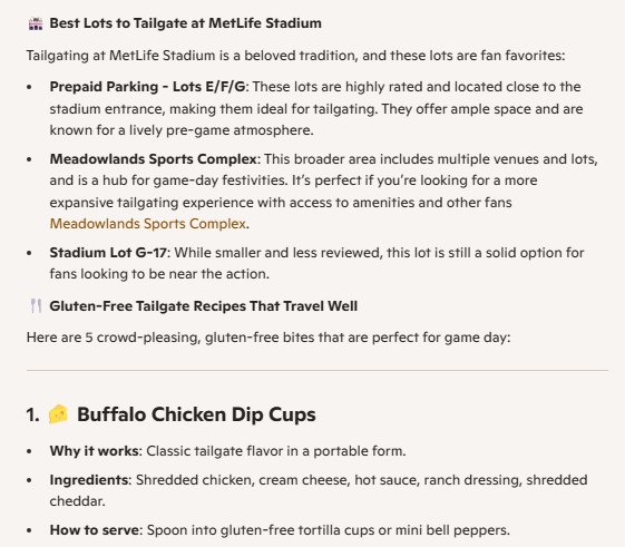 A list of the best lots in MetLife Stadium to tailgate from Microsoft Copilot, and a recipe for buffalo chicken dip cups.