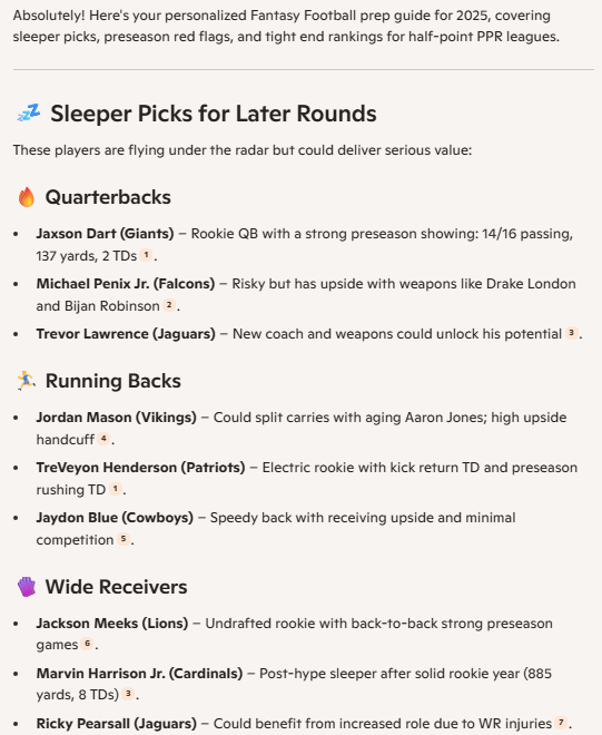 A screenshot of a Microsoft Copilot response with a list of Sleeper Picks for a Fantasy Football draft.