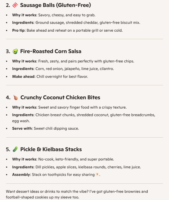 A list of tailgate-friendly recipes like fire-roasted corn salsa and sausage balls from Microsoft Copilot.