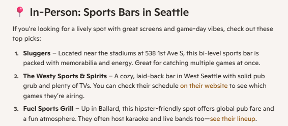 A list of bars in Seattle best for watching NFL football games from Microsoft Copilot.
