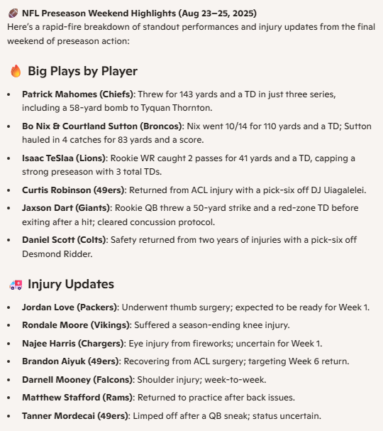 A list of big NFL plays and injuries for the week of August 23-25 from Microsoft Copilot.