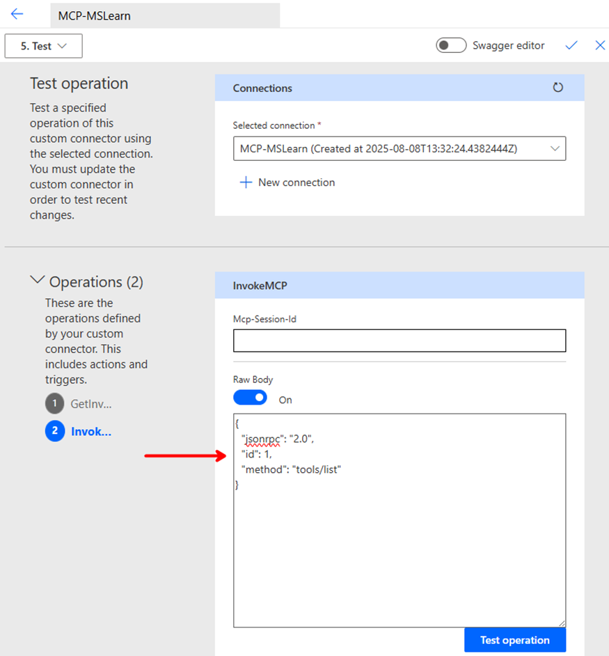 Power Apps: Test operation in Custom connector configuration