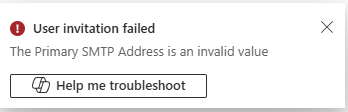 Invite external user - error 'Primary SMTP address is an invalid value ...