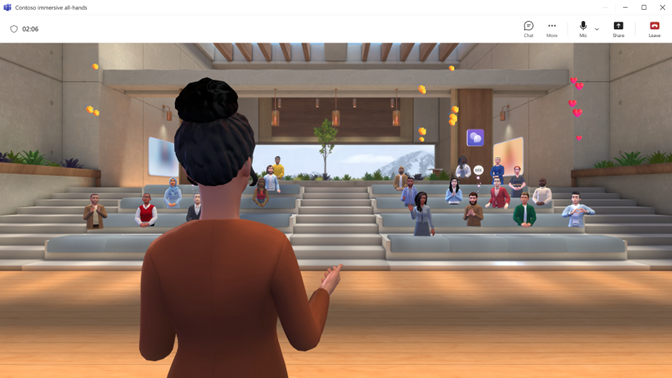 L'esperienza di eventi immersivi di Teams, che mostra un evento di realtà virtuale con un relatore che si rivolge a un gruppo di partecipanti che guardano la presentazione in un auditorium di realtà virtuale.