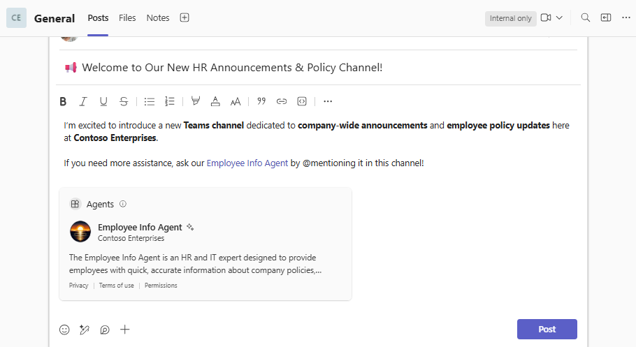 The Teams Channel view, showing a link to SharePoint agent