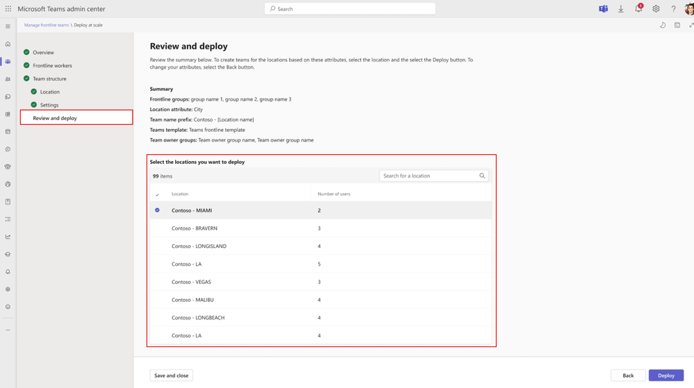 The review and deploy screen in Teams admin center, highlighting the ability to select the locations for deployment.