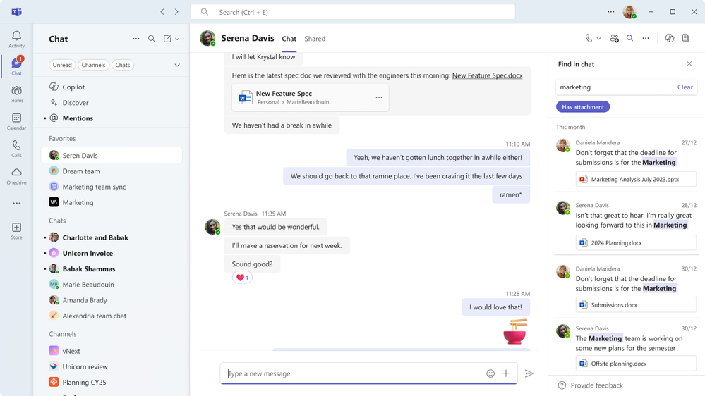 Chat della riunione di Teams, che mostra i risultati della ricerca contestuale