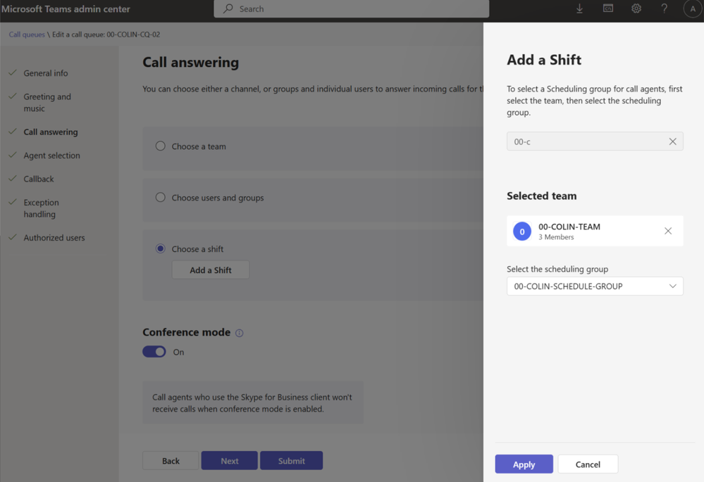 Nel centro di amministrazione di Teams è possibile configurare le code di chiamata per fare riferimento ai dati dei turni associando un team e un gruppo di pianificazione.
