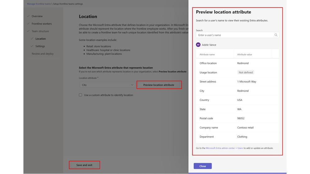 The Manage Frontline Teams feature in Teams Admin center, showing the location attribute setup.
