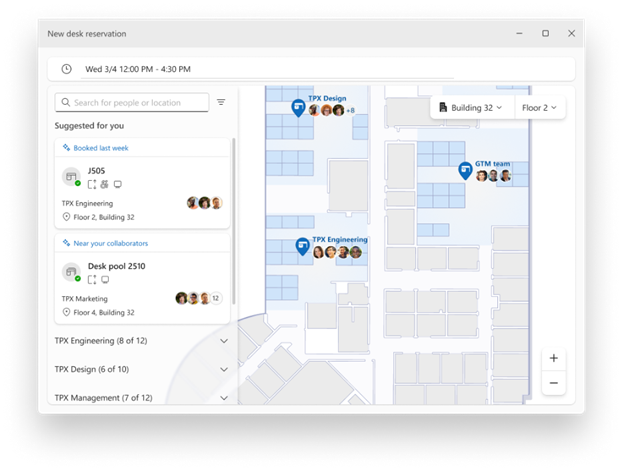 Interfaccia di prenotazione delle postazioni di lavoro che mostra le postazioni di lavoro suggerite e una planimetria con le zone riservate ai team.