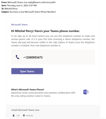 Gli amministratori di Teams possono inviare e-mail agli utenti di Teams Phone per informarli dei nuovi numeri assegnati.