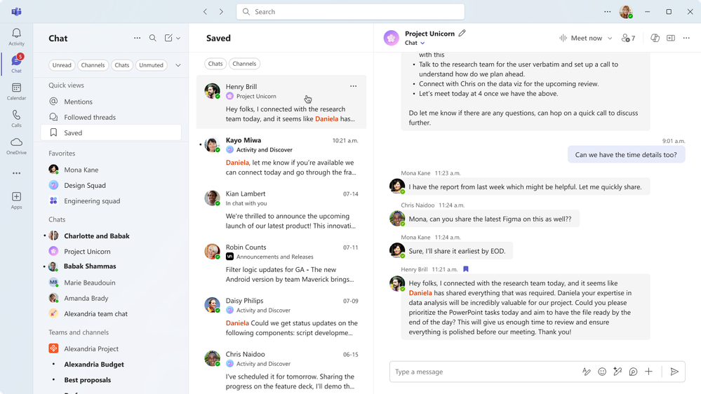 La finestra della chat di Teams, che mostra la visualizzazione dei messaggi salvati.