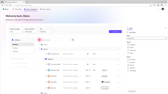 Dashboard di gestione degli spazi che mostra i dettagli dell'edificio e del piano, con lo stato di disponibilità delle scrivanie e delle stanze.