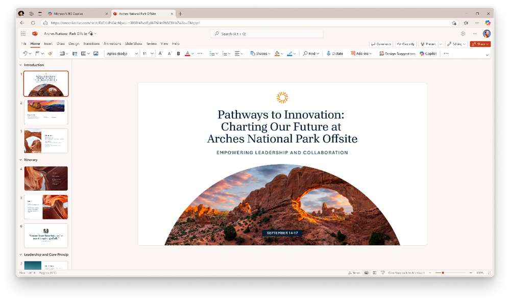 A screenshot of the PowerPoint app showing a presentation about Arches National Park]