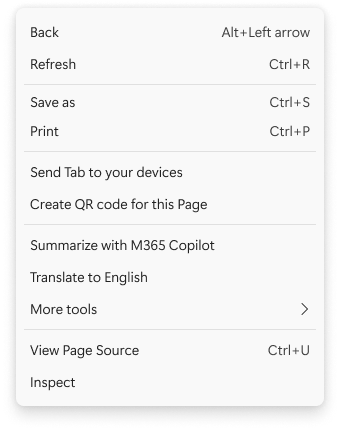A close up screenshot of the Microsoft Edge menu with an option listed for the user to summarize with M365 Copilot.