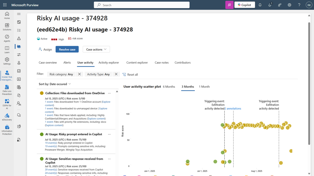 A screenshot showing a Risky AI use in Insider Risk Management showing risky prompts and sensitive responses.