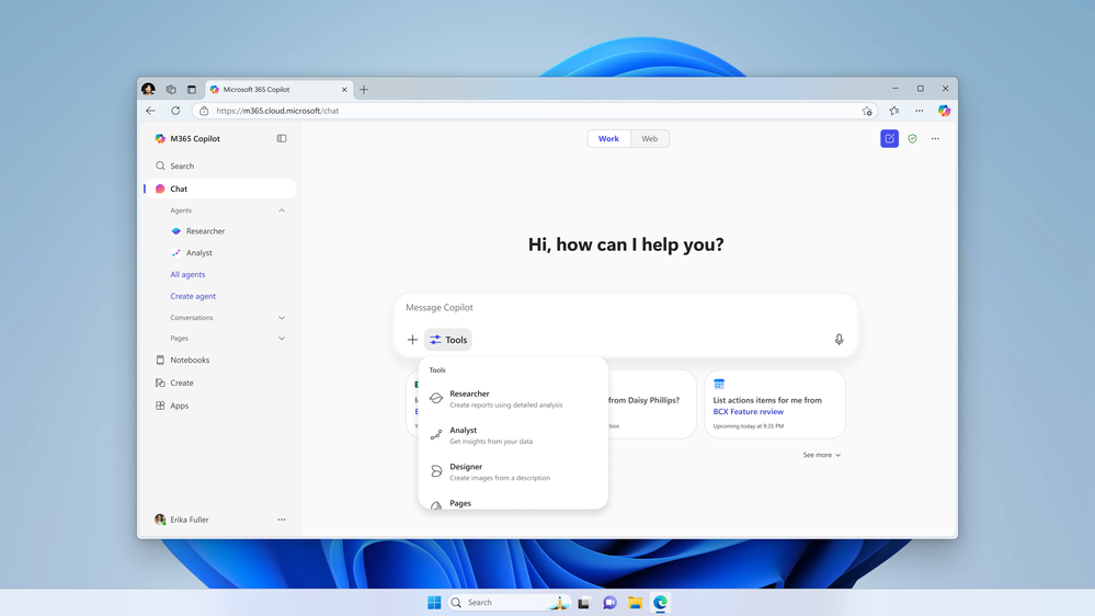 “Microsoft 365 Copilot app Chat module with the Tools menu open showing features like Researcher, Analyst, Designer, and Pages”