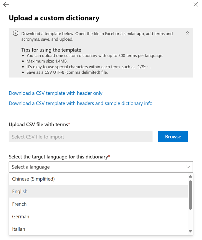 A close up screenshot of the Upload a custom dictionary menu in Microsoft Teams.