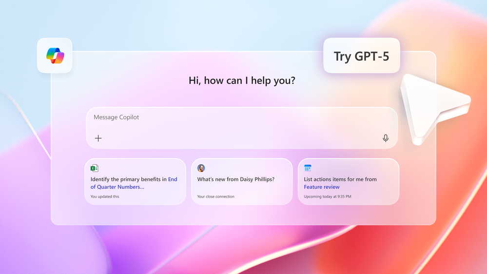 Interface with an input box and three Copilot prompt cards below, plus an arrow hovering over a “Try GPT-5” button.