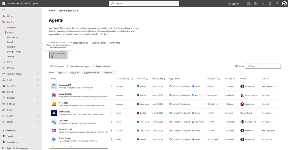 An image showing the option to view agents with missing owners under agent inventory in the Microsoft 365 admin center.