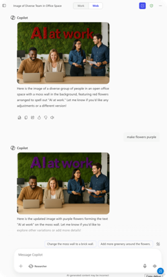 Open office with moss wall where flowers spell “AI at work”—first in red, then updated to purple. A group of people are present in both images August 2025