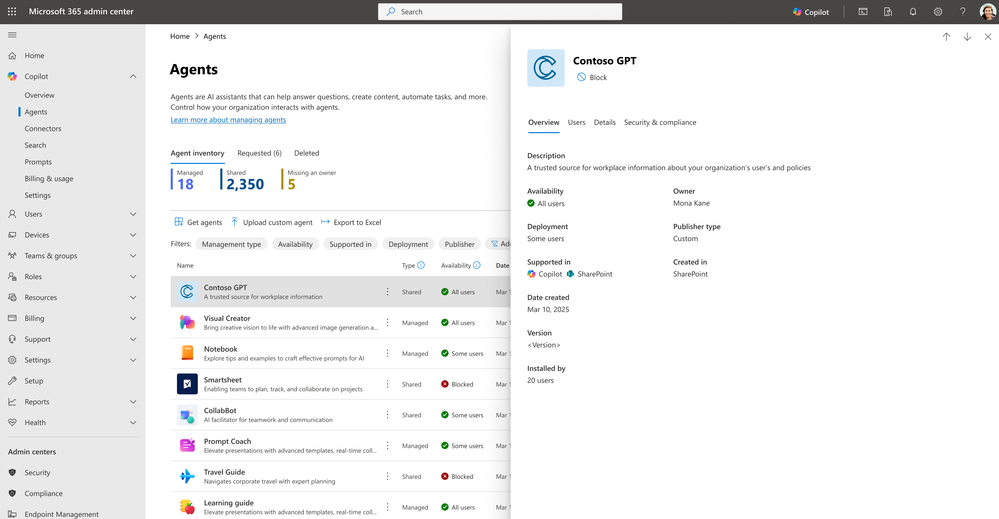An image showing a SharePoint agent in the Agent inventory within the Microsoft 365 admin center