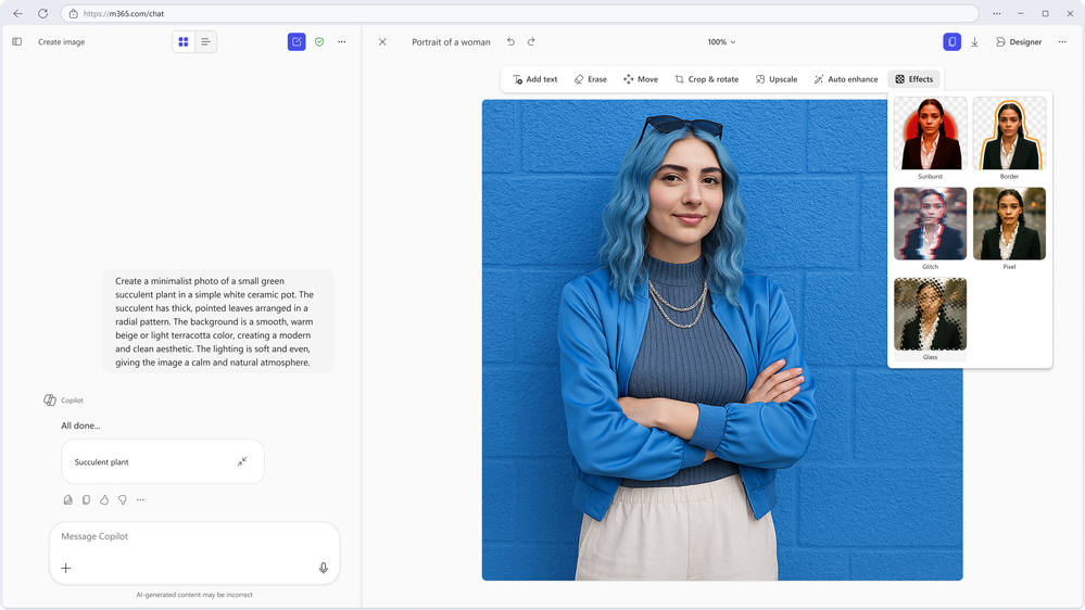 “Person with blue hair in blue outfit against blue brick wall; image editing interface visible.”