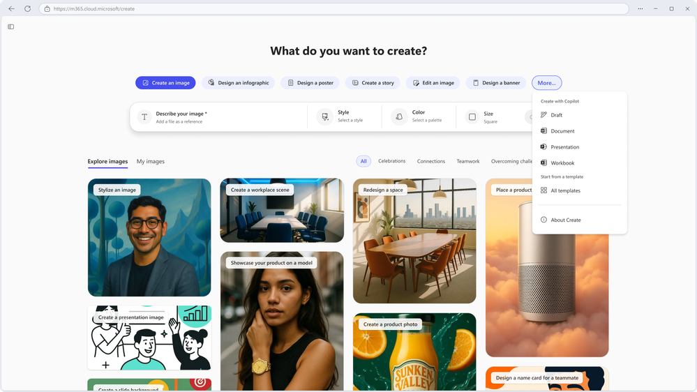 Microsoft 365 Copilot create experience with the  titled “What do you want to create?” with options like image, infographic, poster, and a dropdown for templates like document and presentation.