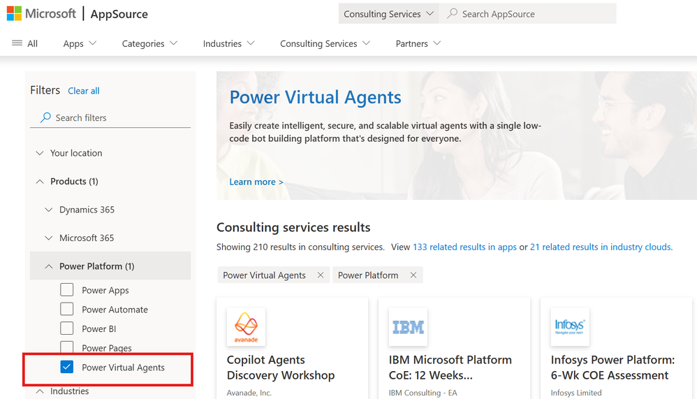 A screenshot of AppSource search result page for Consulting Services filtered for Power Virtual Agents (now part of Microsoft Copilot Studio).