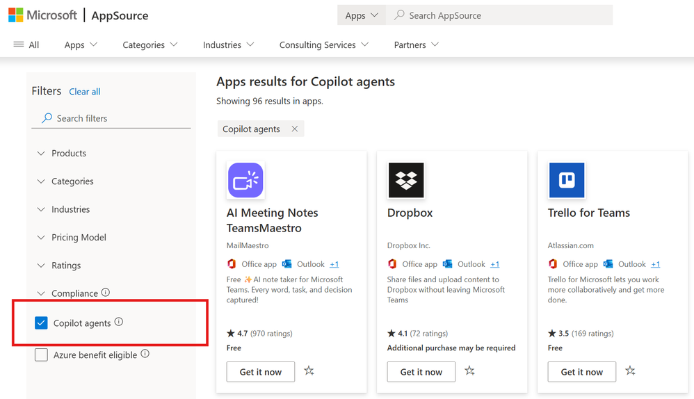 A screenshot of AppSource showing search results for Apps filtered by Copilot agents.