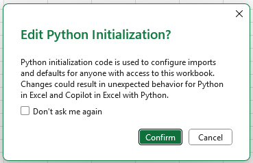 A screenshot of a pop-up in Microsoft Excel for Windows asking if you want to Edit Python Initialization.