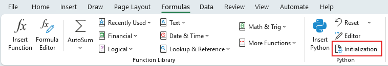 A screenshot of the Formulas toolbar in Microsoft Excel for Windows with the Initialization button under Python highlighted.