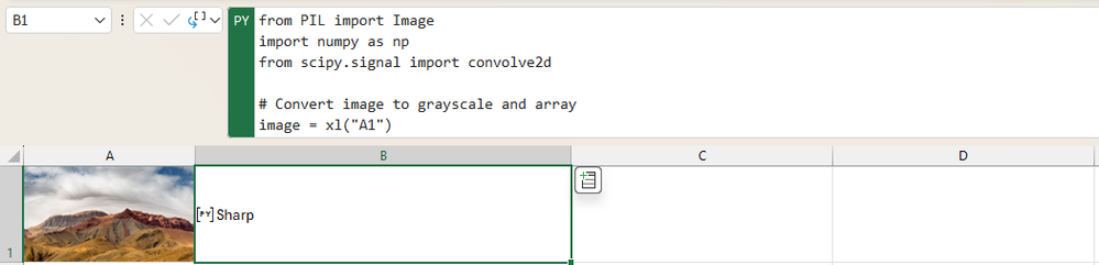 A screenshot of Python code in Microsoft Excel analyzing an image of a mountainside for its sharpness.