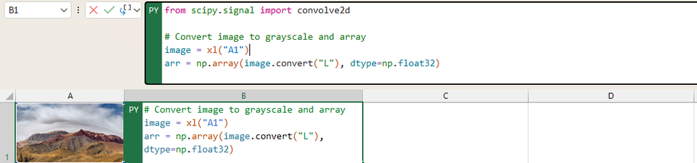 A screenshot of Python code in Microsoft Excel using the xl() function to analyze an image of a mountainside.